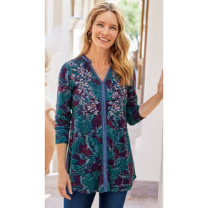Soft Surroundings Purple Embroidered Floral Tunic Top Womens S Embroidered D60